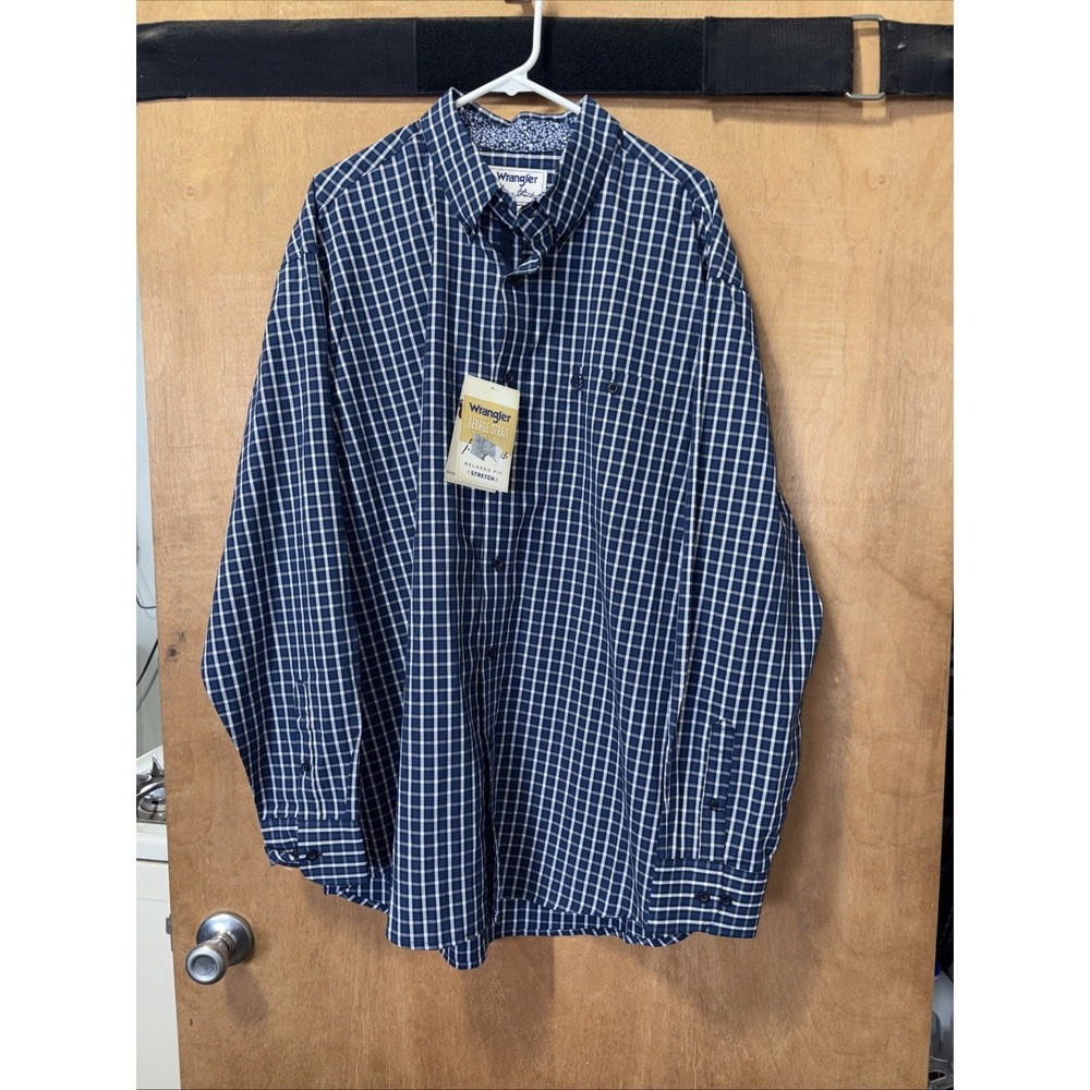 Wrangler Men's George Strait‎ Long Sleeve Relaxed Fit Plaid Button Shirt Navy
